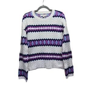 Loft Womens Fair Isle Cable Knit Sweater Purple Blue White XS Crew Neck Pullover